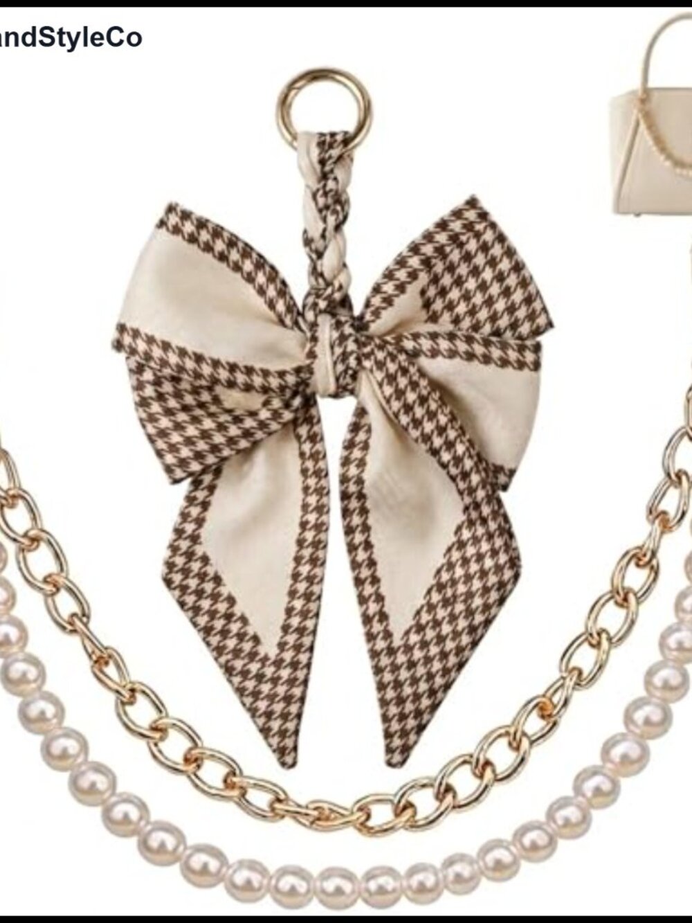 Houndstooth Bow Pearl Bag Charm Silk Scarf Keychain Handbag Accessory